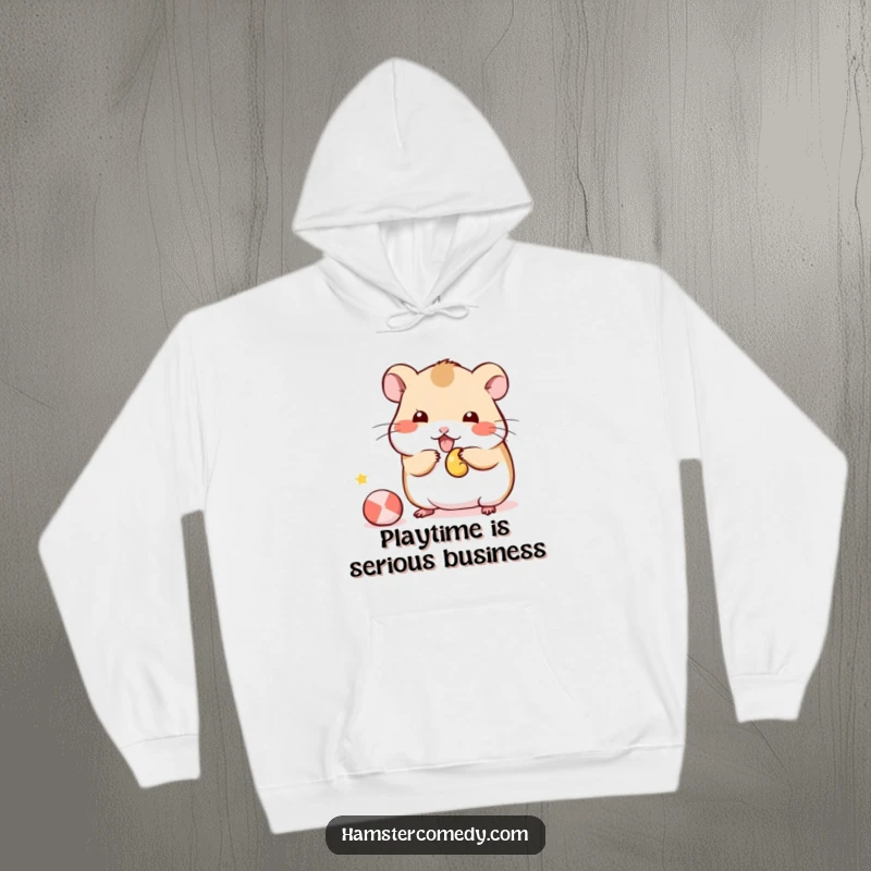 Funny Kawaii Hamster Hoodie showing a cute hamster playfully batting at a small toy, perfect for cozy and humorous moments.