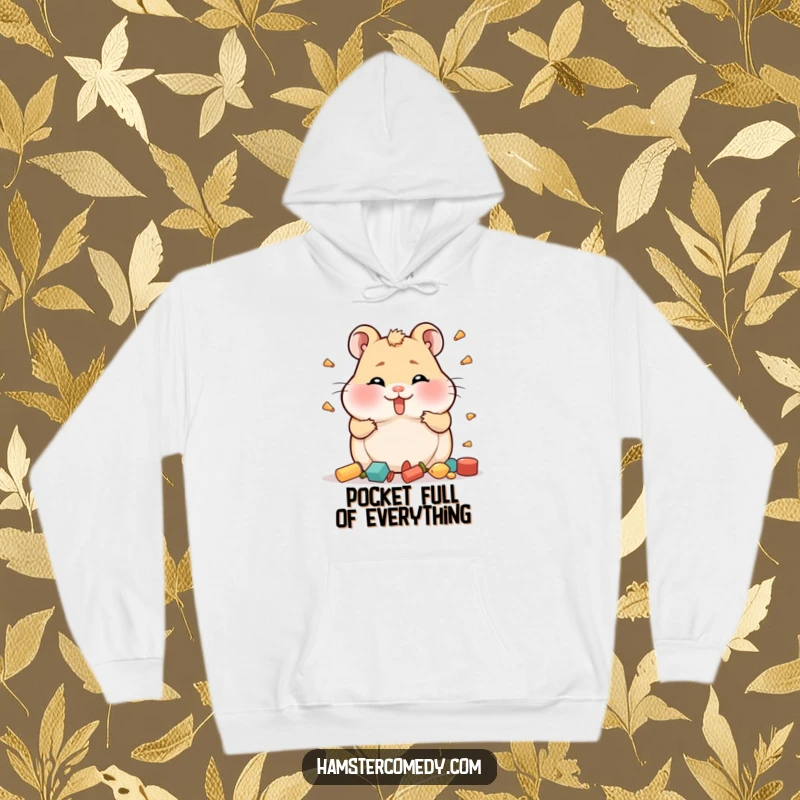 Funny Hamster Hoodie with full cheeks comically hoarding items, soft and warm for ultimate comfort.