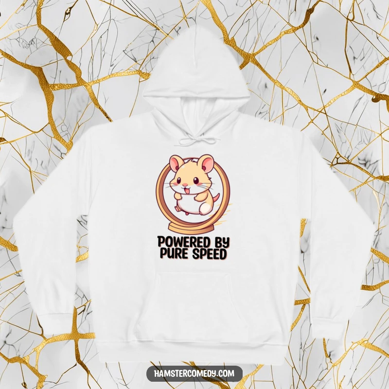 Funny hoodie featuring a kawaii hamster blurring with speed on a hamster wheel, perfect for active humor.