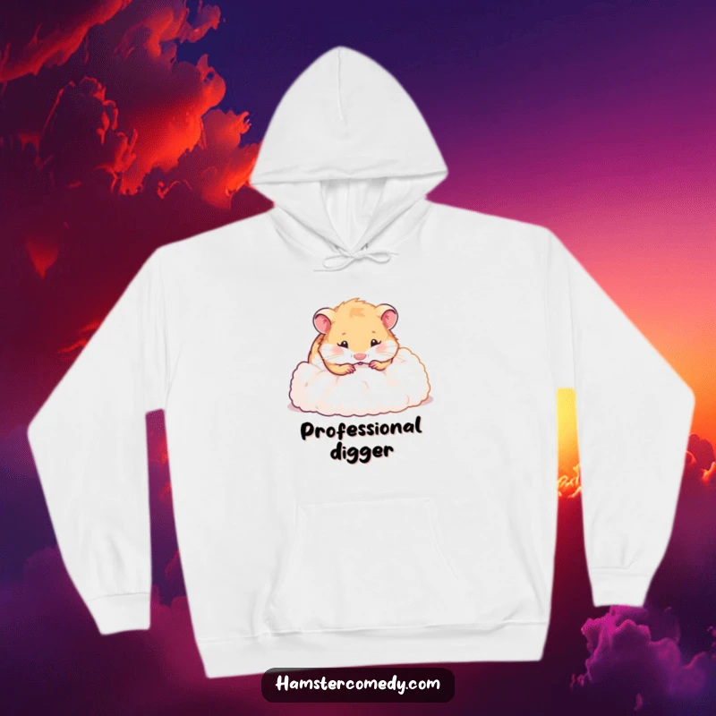 Funny hamster hoodie featuring a happy hamster enthusiastically digging into a mountain of soft fluff, radiating pure playful energy.