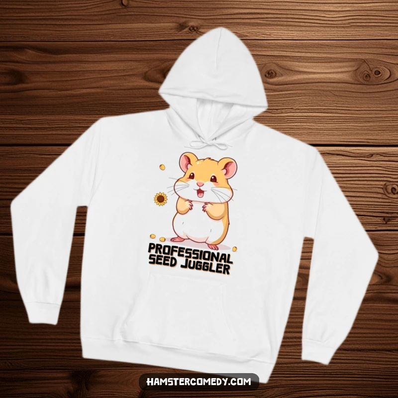 Funny Hamster Hoodie featuring a charming hamster artistically juggling a cascade of sunflower seeds, designed for cozy humor.