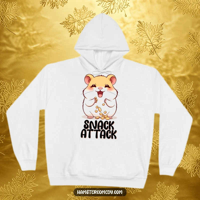 Funny hamster joyfully stuffing its cheeks with seeds, a cozy and humorous hoodie.