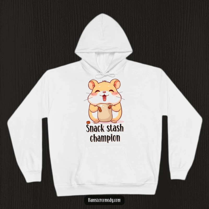Funny hamster hoodie with a character stuffing cheeks, offering warmth and a humorous hoarding theme, perfect gift.