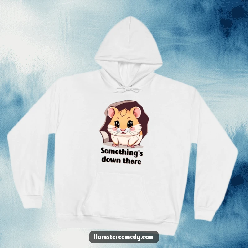 Funny hamster hoodie showing a curious hamster with big eyes peering into a mysterious small hole, perfect for cozy exploration.