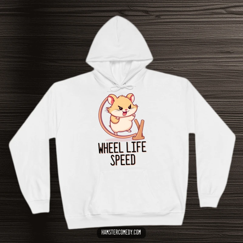 Funny hamster hoodie with a character sprinting on a wheel, offering warmth and a humorous motivational theme, perfect gift.