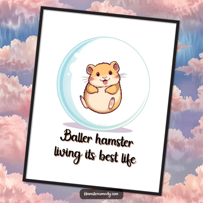 Funny free printable wall art depicting a hamster exuberantly rolling inside a large transparent ball, adding a dash of fun to any wall.