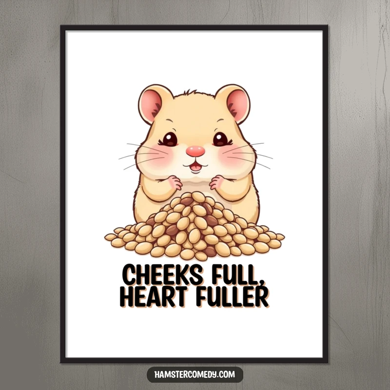 Funny Free Printable Hamster Wall Art: A hamster with incredibly puffed cheeks is hoarding a large pile of tasty seeds.