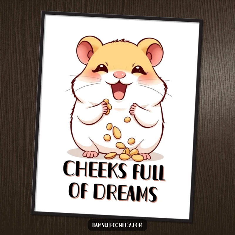 Funny Free Printable Wall Art: A cute hamster with its cheeks packed full of seeds, looking incredibly happy.