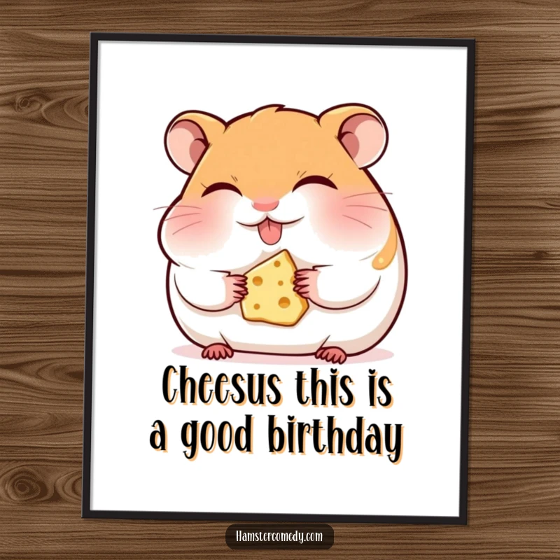 Funny Free Printable Wall Art: A hamster enjoying a small piece of cheese with eyes shut in joy.