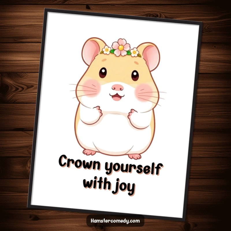 Funny Free Printable Wall Art: A kawaii hamster is depicted wearing a lovely, small flower crown.