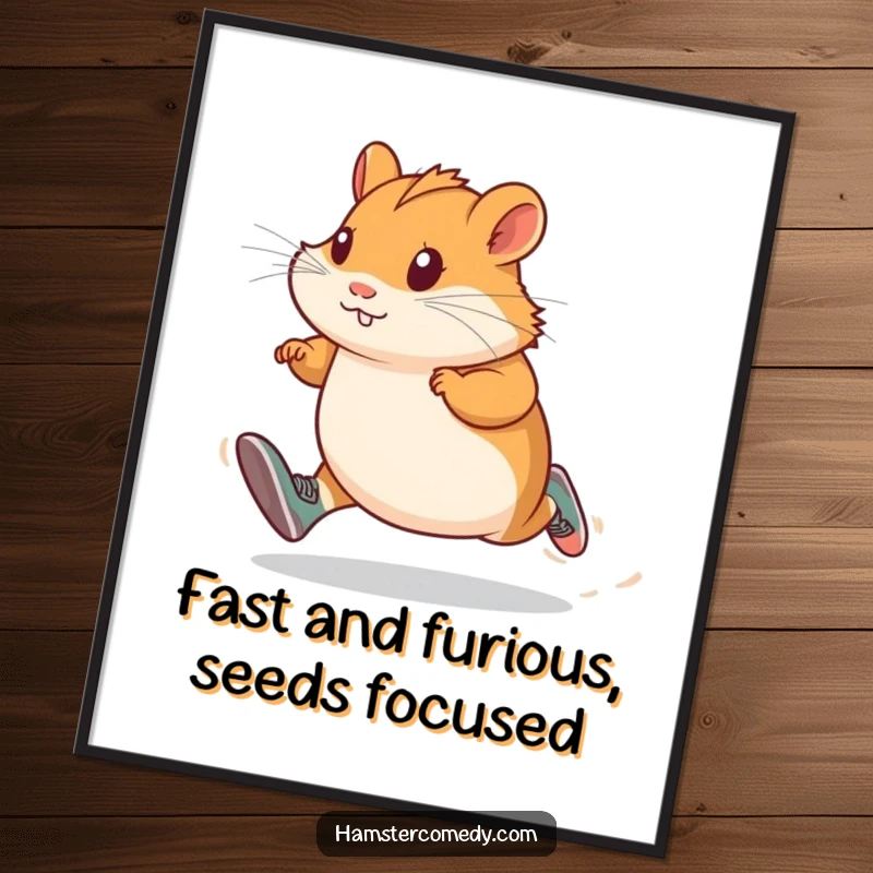 Funny Free Printable Hamster Wall Art: A determined hamster wearing miniature running shoes sprints energetically across the frame.