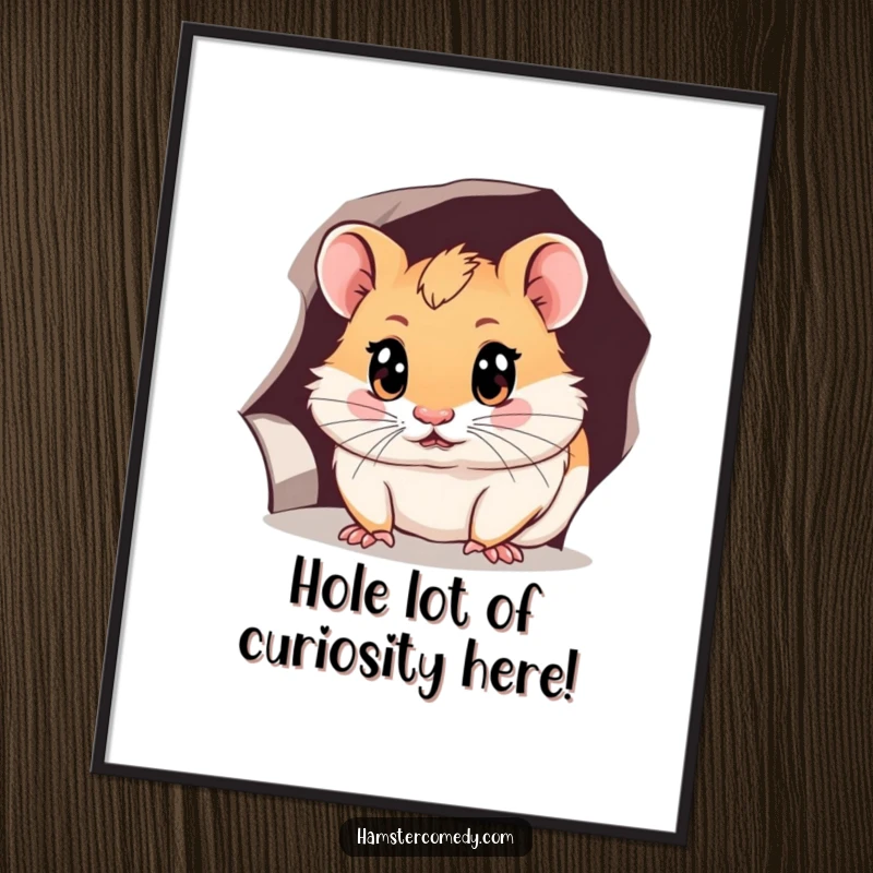 Funny Free Printable Wall Art of a curious hamster with wide eyes peering into a small hole, perfect downloadable art.