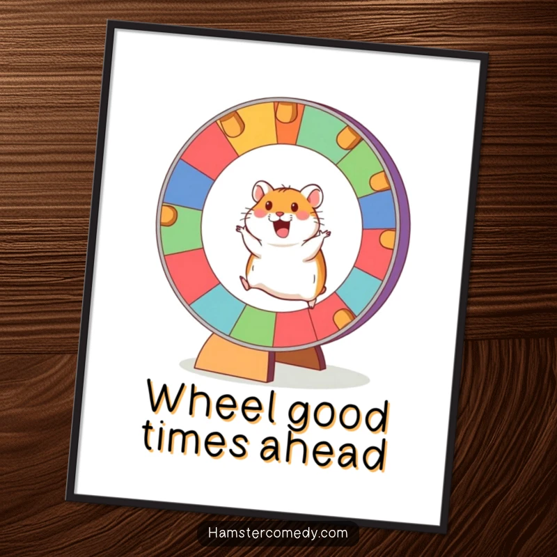 Funny Free Printable Hamster Wall Art, depicting an ecstatic hamster running enthusiastically on a giant, brightly colored wheel.