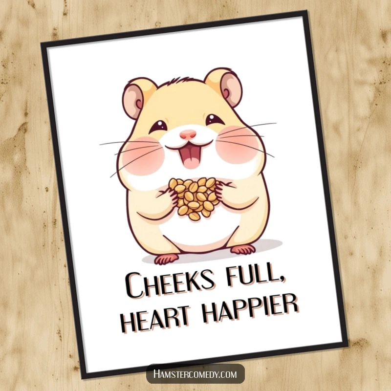 Funny free printable wall art of a hamster happily stuffing its cheeks with seeds, a delightful and cozy addition.