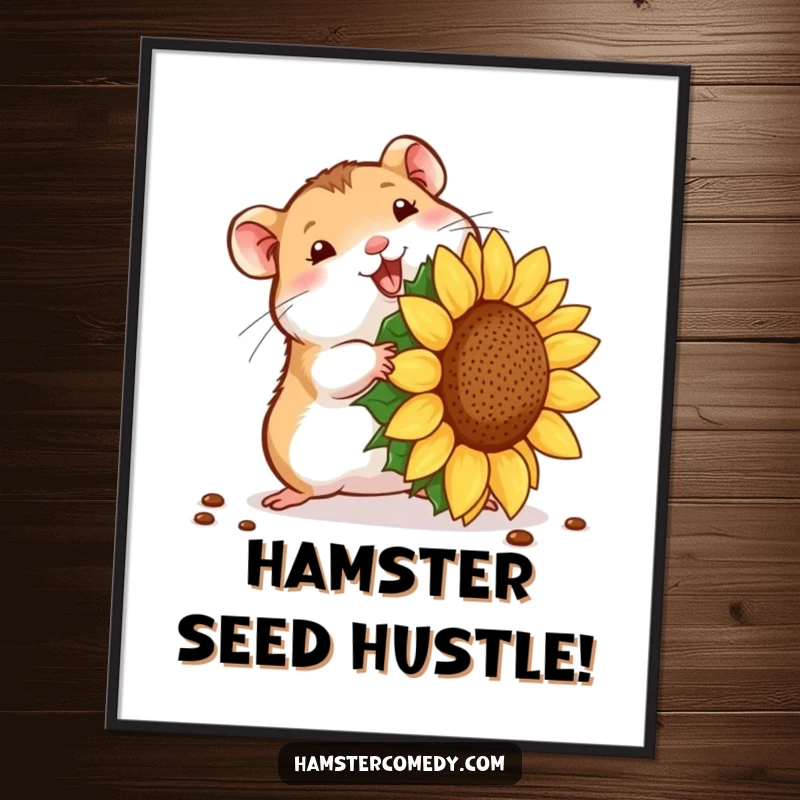 Funny free printable wall art of a hamster comically attempting to haul a sunflower seed that's too big.