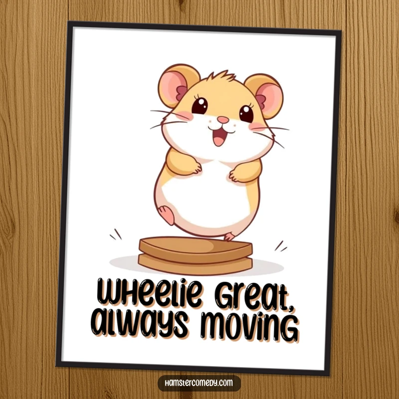 Funny Free Printable Wall Art: A cute kawaii hamster vigorously runs on a wheel, full of zest.