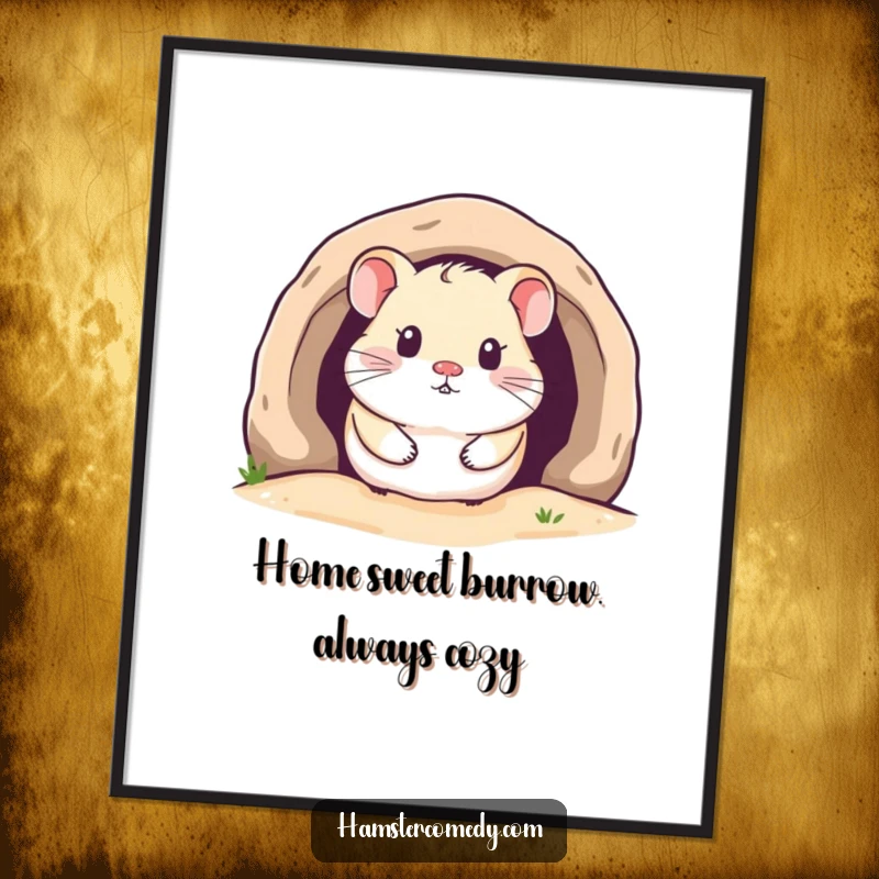 Cute Free Printable Wall Art of a kawaii hamster peeking curiously from a beautifully rendered, cozy burrow.