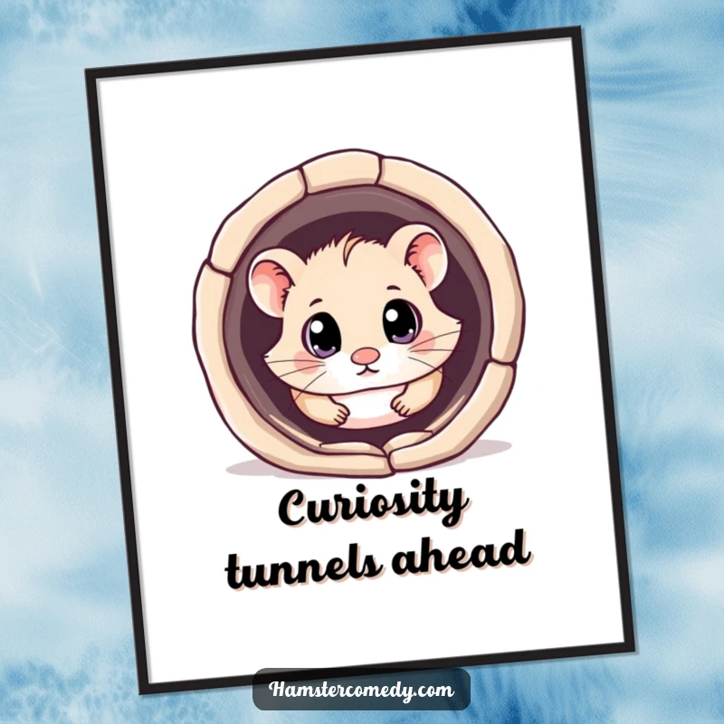 Funny Free Printable Wall Art: Kawaii hamster with wide eyes peeks out from a dark tunnel.