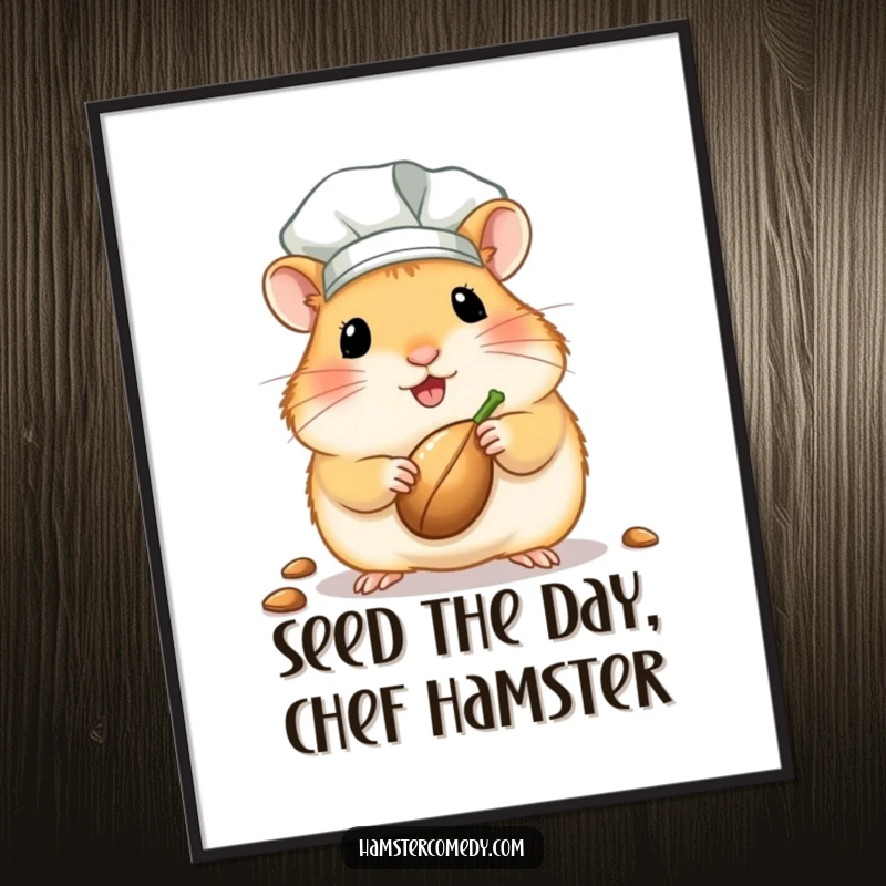Funny Free Printable Wall Art: Kawaii hamster chef in tiny hat presents a seed, perfect for kitchen decor.