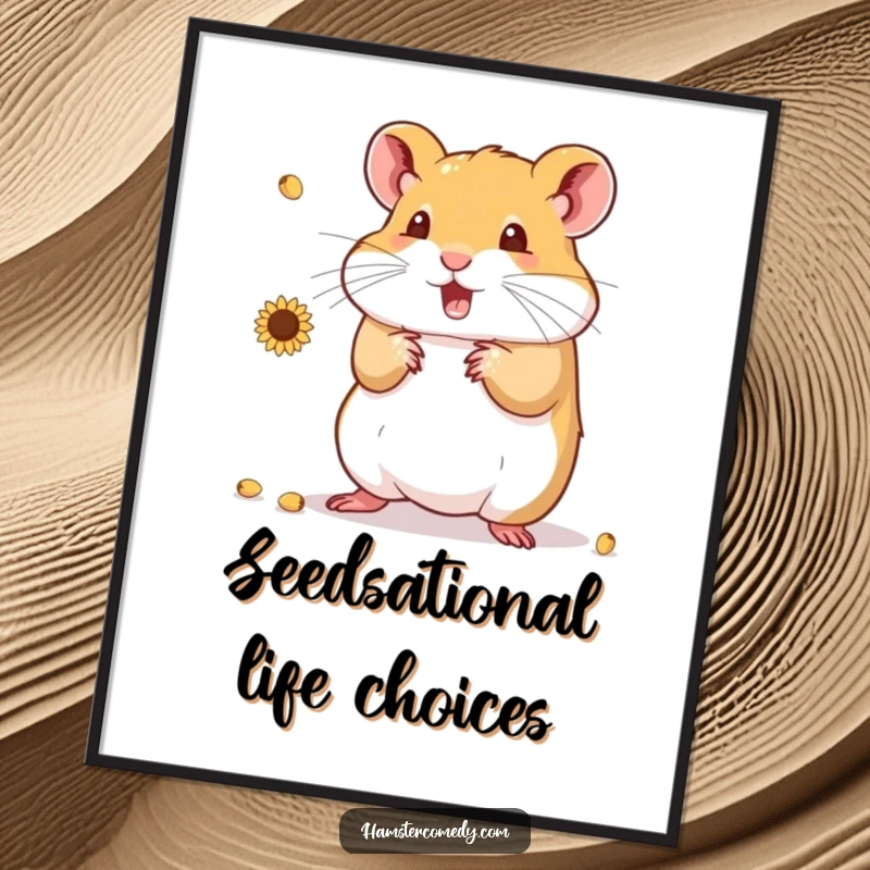 Funny Free Printable Wall Art: A delightful hamster energetically juggling a pile of sunflower seeds, adding fun to any room.