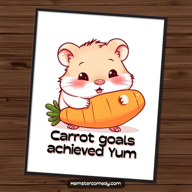 Funny Free Printable Wall Art: Curious hamster with wide eyes nibbling on a giant carrot, a humorous piece.
