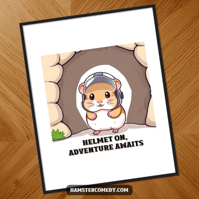 Funny Free Printable Wall Art: Adventurous hamster wearing a tiny helmet peeking out from a tunnel, a humorous decor piece.