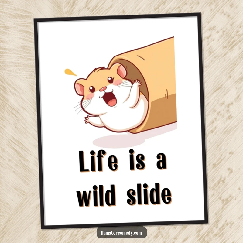 Funny Free Printable Wall Art depicting a surprised hamster comically sliding down a cardboard tube.