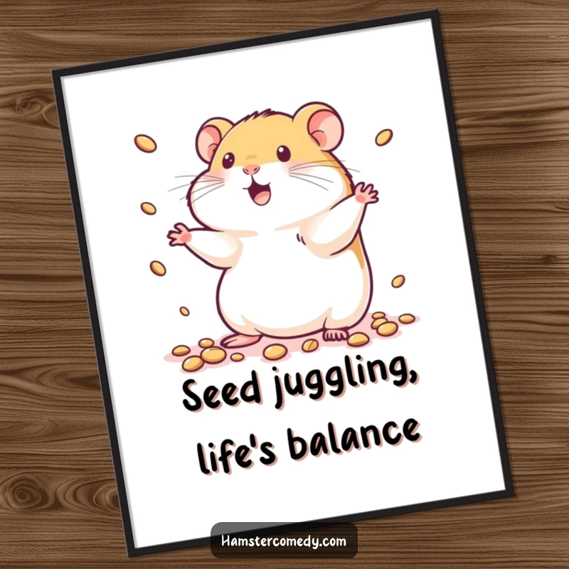 Funny Free Printable Wall Art: Kawaii hamster energetically juggles seeds, creating a dynamic visual.