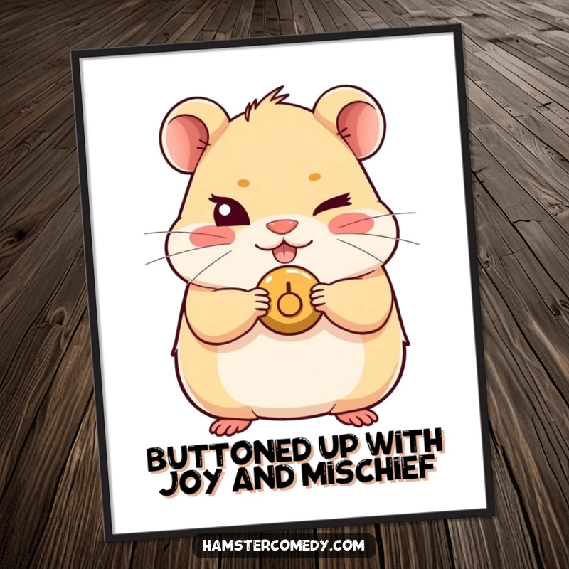 Funny Free Printable Wall Art of a kawaii hamster giving a mischievous wink while holding a small, intriguing button.