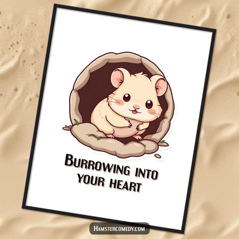 Funny Free Printable Wall Art: Kawaii hamster peeking out from a small burrow, a cute and endearing image.