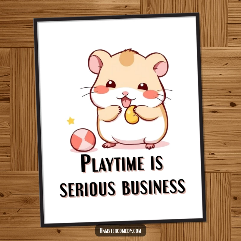 Funny Free Printable Wall Art: Kawaii hamster captured mid-play, batting at a toy with adorable focus.