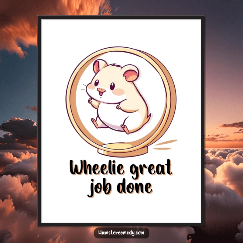 Funny Free Printable Wall Art: Kawaii hamster sprinting energetically on a spinning wheel, a depiction of lively motion.