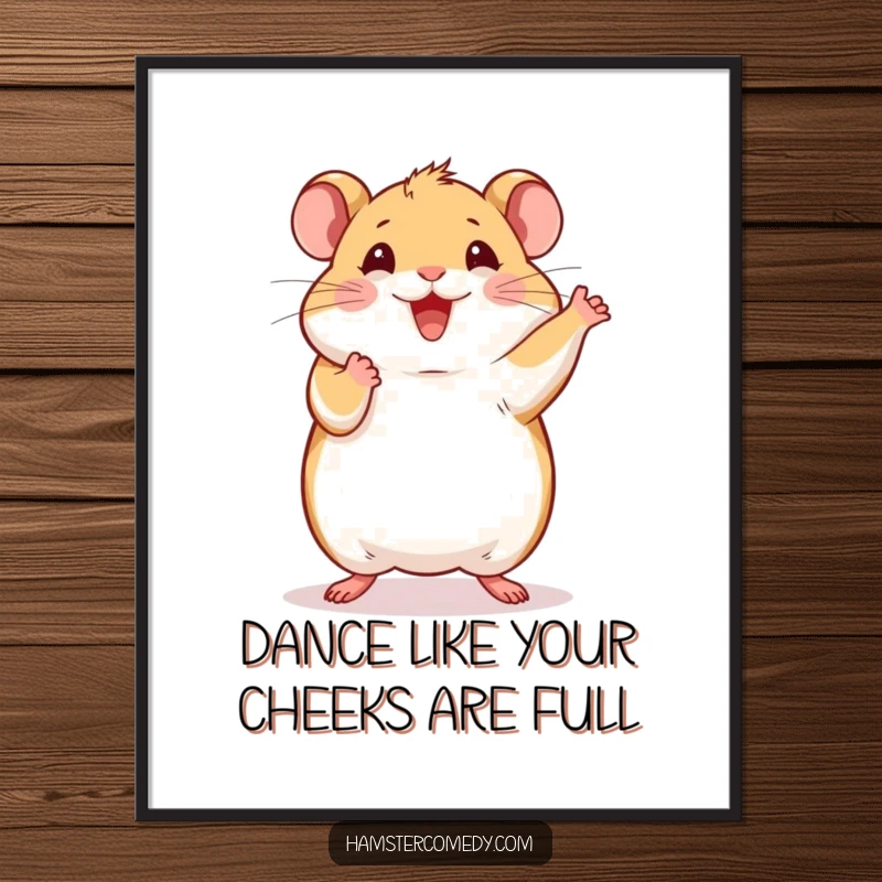 Funny free printable wall art of a hamster in mid-air, doing a tiny, jubilant happy dance with its front paws raised.