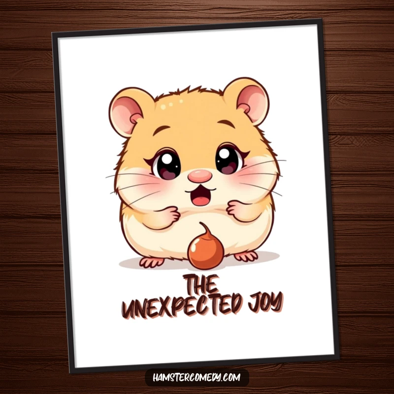 Funny Free Printable Wall Art: A hamster with comically wide, surprised eyes fixated on a single dropped raisin, creating amusing decor.