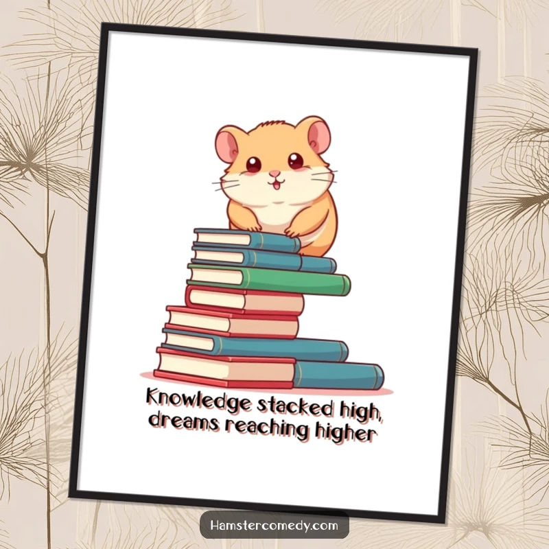 Funny Free Printable Wall Art: Determined hamster character climbing a tall stack of miniature books, a symbol of ambition.