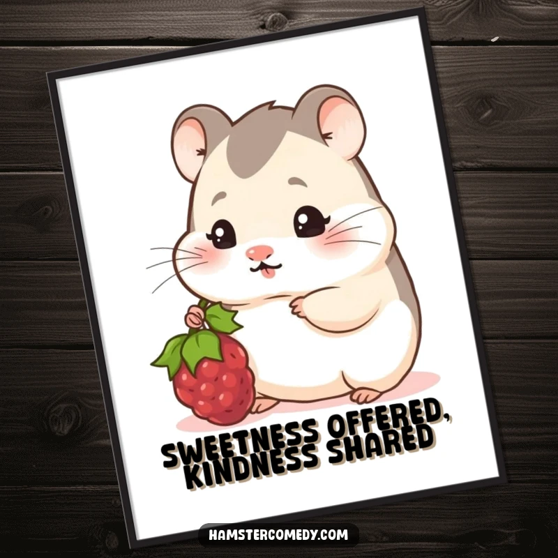 Funny Free Printable Wall Art: Hamster character shyly peeking and offering a tasty berry, adding gentle humor.