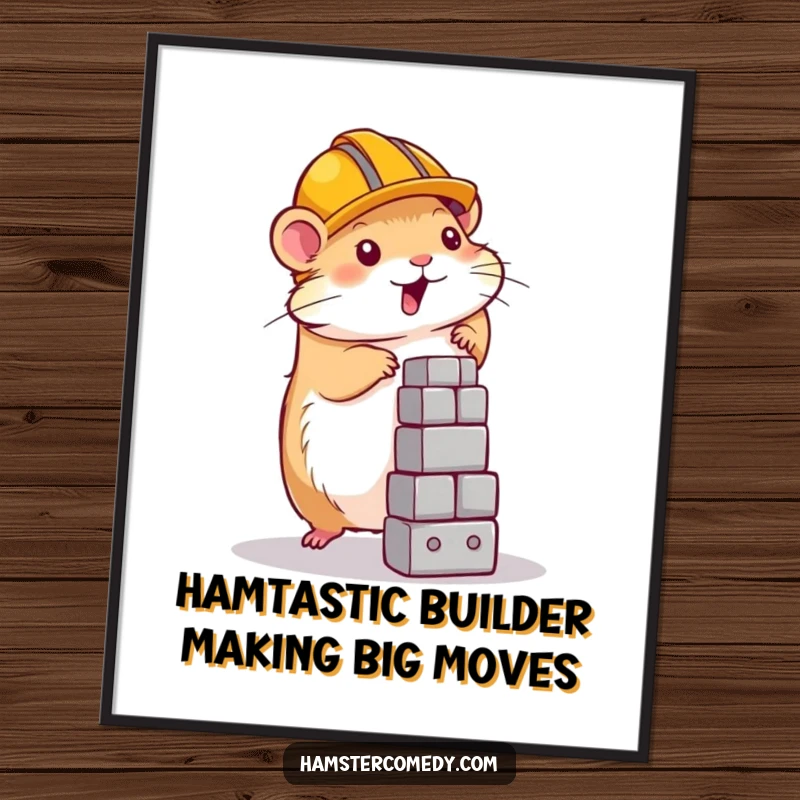 Funny free printable wall art depicting a determined hamster wearing a hard hat, busy building a tower, bringing DIY charm to any wall.