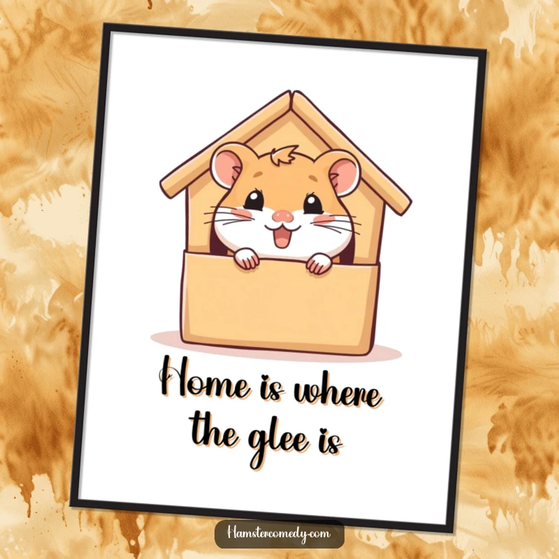 Funny Free Printable Wall Art: A hamster with a huge grin peeking from its humble cardboard abode, radiating pure, contagious glee.