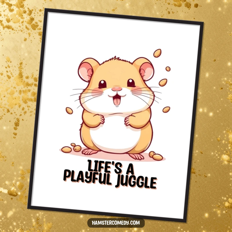 Funny Free Printable Wall Art: Kawaii hamster skillfully juggles multiple tiny seeds in the air, showcasing impressive dexterity. Downloadable art.