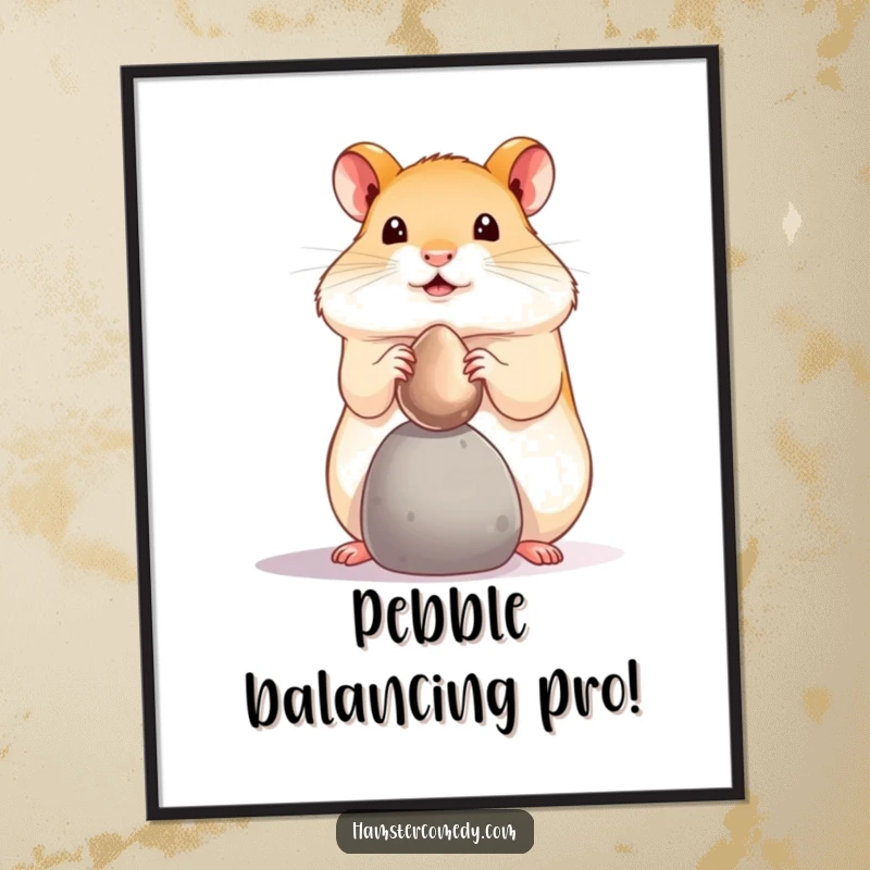 Funny free printable wall art of a hamster showcasing incredible focus while balancing a shiny pebble on its nose.