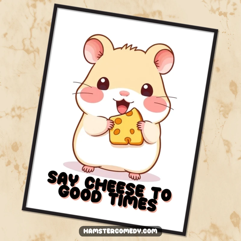 Funny Free Printable Wall Art: A kawaii hamster gleefully holding a small piece of cheese, perfect for quirky home decor.