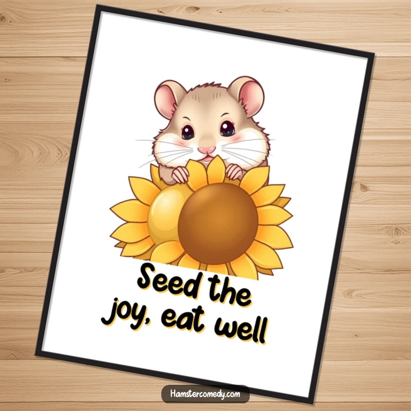 Funny Free Printable Wall Art: A cute hamster with a curious head tilt, adorably nibbling on an oversized sunflower seed.