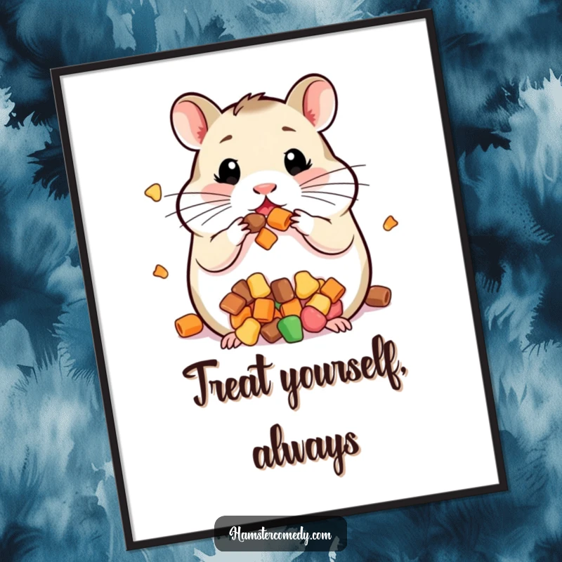 Funny Free Printable Wall Art: Kawaii hamster with extremely full cheeks, surrounded by tiny seeds, conveying cuteness and abundance. Downloadable art.