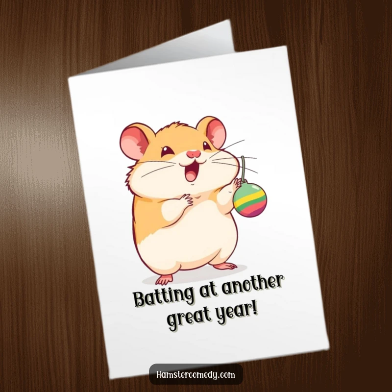 Funny Free Printable Birthday Card: An excited hamster playfully batting at a dangling toy, full of birthday excitement and energy.