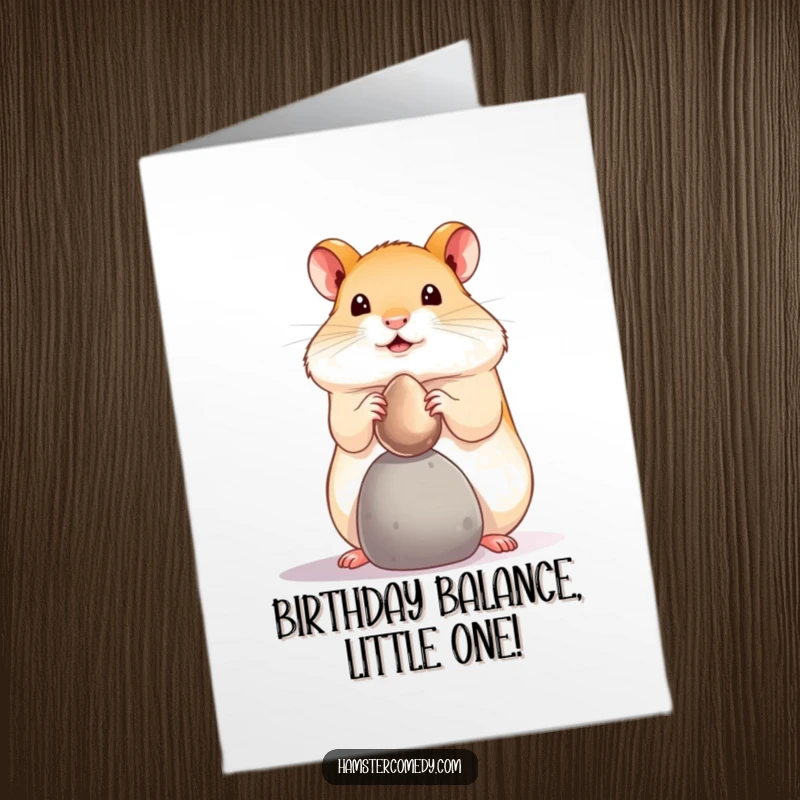 Funny free printable birthday card of a hamster skillfully balancing a shiny pebble on its tiny nose.