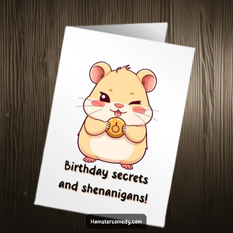 Funny Free Printable Birthday Card with a kawaii hamster giving a mischievous wink while holding a tiny button.