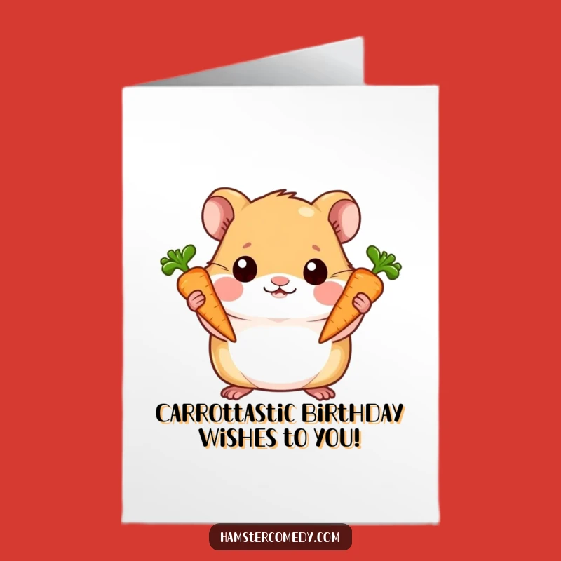 Free Printable Birthday Card: Proud Hamster & Carrots! Funny Downloadable Gift.