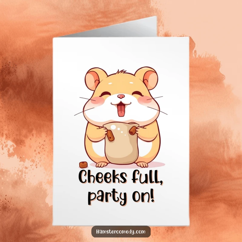 Funny Free Printable Birthday Card: Cute hamster with bulging cheeks stuffing food, humorous, downloadable birthday greeting.