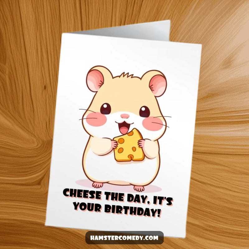Funny Free Printable Birthday Card: Kawaii hamster proudly holding a tiny cheese wedge, perfect for DIY greetings.