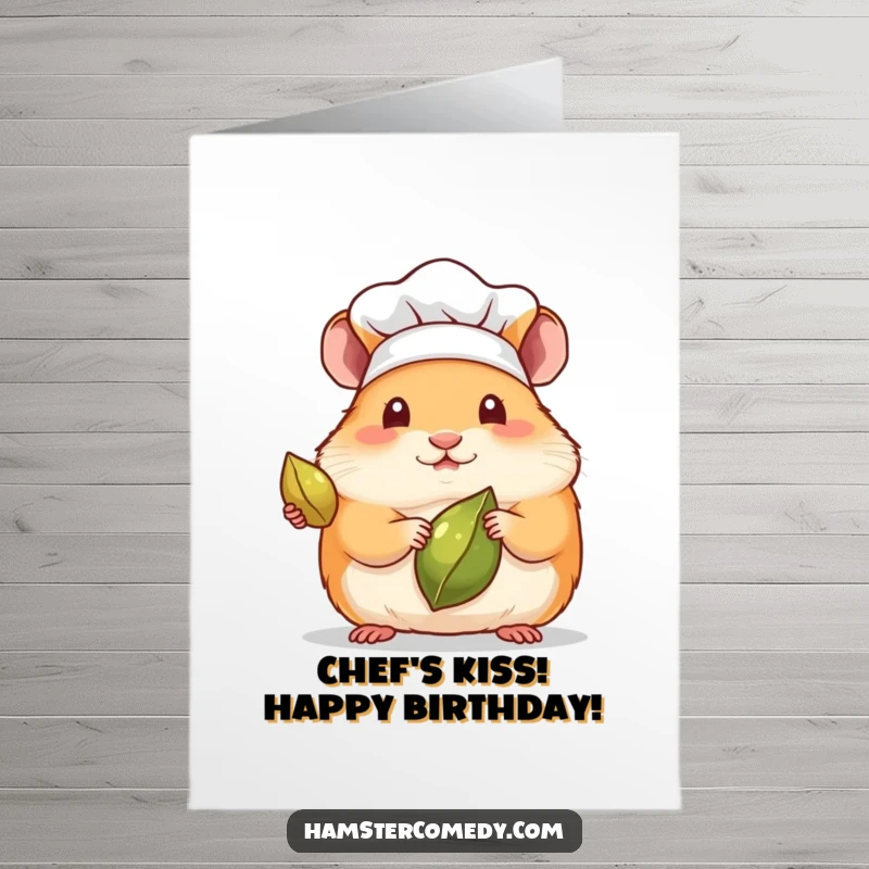 Funny Free Printable Birthday Card: Kawaii hamster in a chef hat proudly offers a single seed, like a gourmet meal. DIY birthday gift.